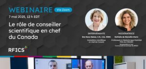 Image descriptive d’un webinaire présentant le titre, la date et l’heure, accompagnée des portraits de l’intervenante, Dre Mona Nemer, conseillère scientifique en chef du Canada, et de la modératrice, Nathalie De Marcellis-Warin, professeure à Polytechnique Montréal et PDG du CIRANO.