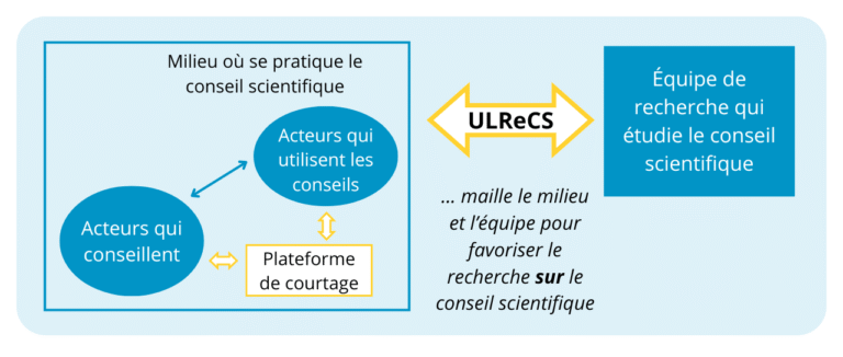 Infographie colorée représentant le fonctionnement de l'ULReCS. Cela montre que l'ULReCS est une interface entre le milieu où se pratique le conseil scientifique et les équipes de recherche qui étudient le conseil scientifique. Il est écrit que l'ULReCS maille le milieu et l'équipe pour favoriser la recherche sur le conseil scientifique.